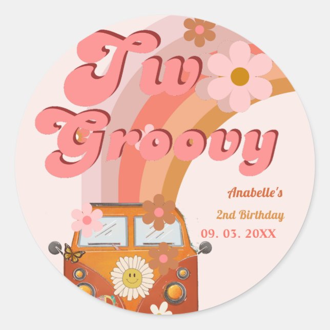 Retro two Groovy Daisy Flower Birthday Party Classic Round Sticker (Front)