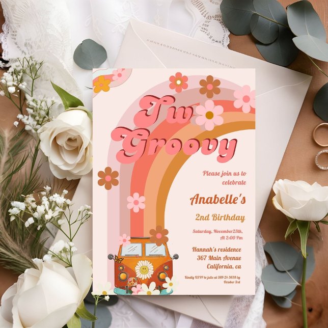 Retro two Groovy  Daisy Flower Birthday Party Invitation (Creator Uploaded)