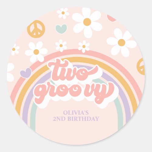 Retro Two Groovy Girl Rainbow 2nd Birthday Classic Round Sticker