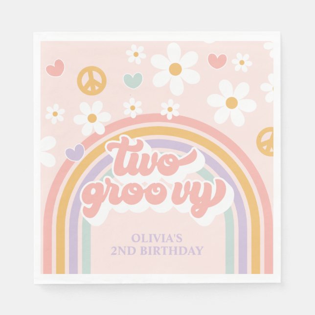Retro Two Groovy Girl Rainbow 2nd Birthday Napkins (Front)