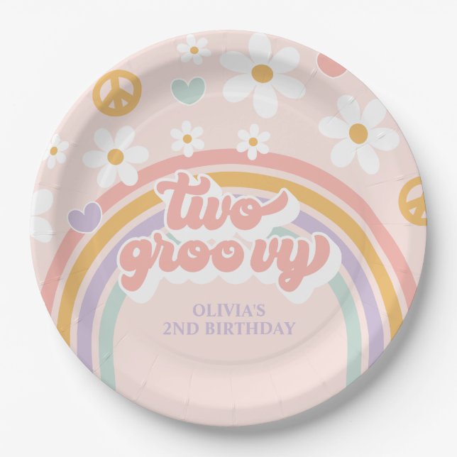 Retro Two Groovy Girl Rainbow 2nd Birthday Paper Plates (Front)