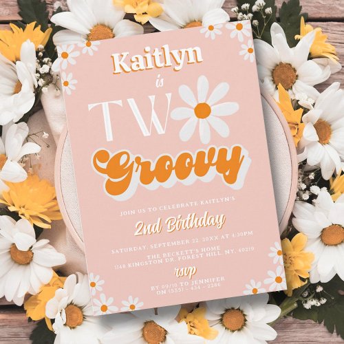 Retro Two Groovy Girls 2nd Birthday Invitation