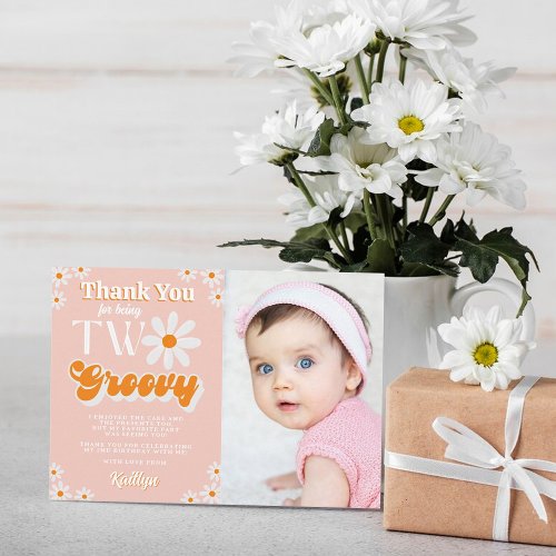 Retro Two Groovy Girls 2nd Birthday Photo Thank You Card