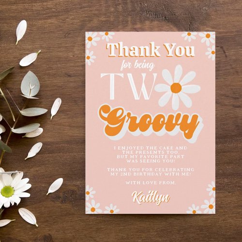 Retro Two Groovy Girls 2nd Birthday Thank You Card