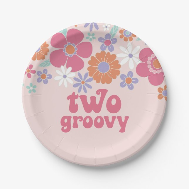 Retro Two Groovy Pink Floral Paper Plates (Front)
