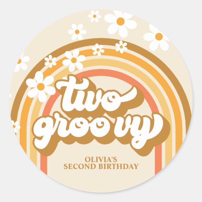 Retro Two GroovY Rainbow Brown Orange Birthday Classic Round Sticker (Front)
