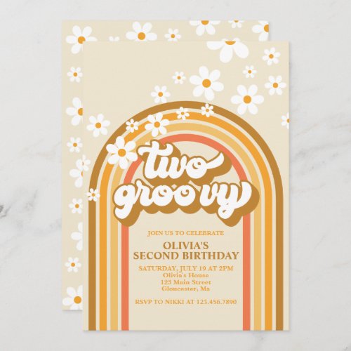 Retro Two GroovY Rainbow Brown Orange Birthday Invitation