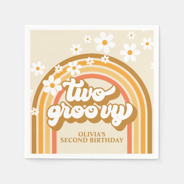Retro Two GroovY Rainbow Brown Orange Birthday Napkins (Front)