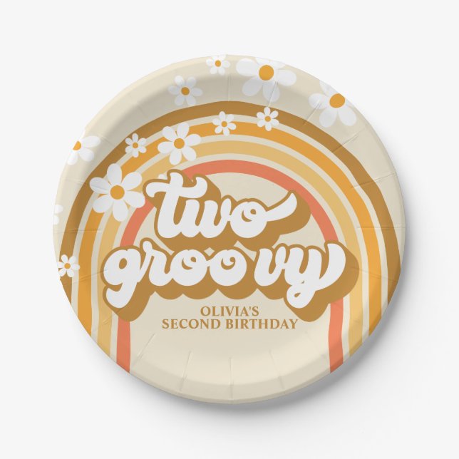Retro Two GroovY Rainbow Brown Orange Birthday Paper Plates (Front)