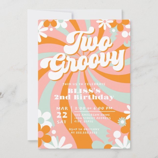 Retro Two Groovy Second 2nd Birthday Invitation (Front)