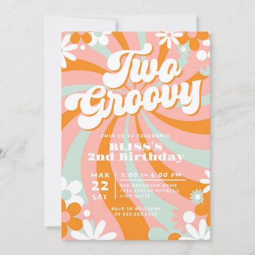 Retro Two Groovy Second 2nd Birthday Invitation