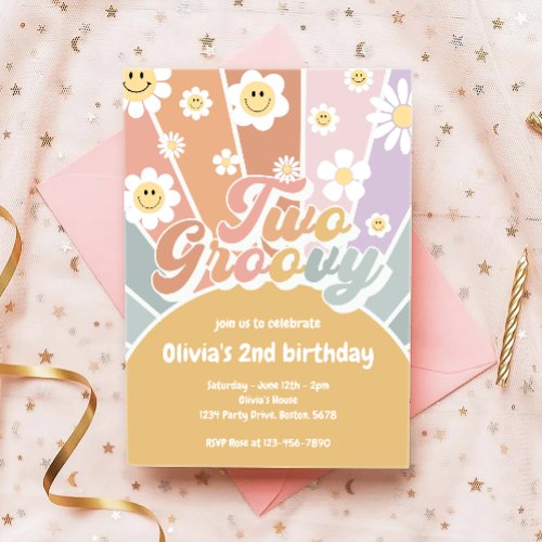 Retro Two Groovy Sunshine Daisy Boho 2nd Birthday Invitation