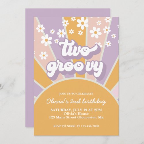 Retro Two Groovy Sunshine daisy purple Invitation