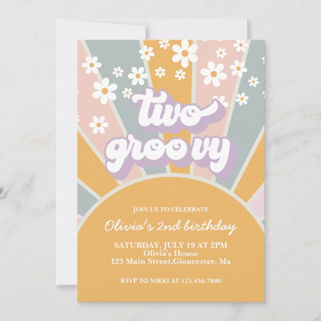 Retro Two Groovy Sunshine daisy purple Invitation (Front)