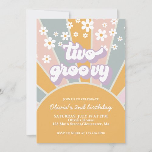 Retro Two Groovy Sunshine daisy purple Invitation