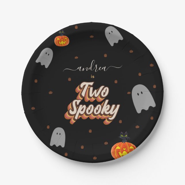 Retro Two Spooky 2nd Halloween Birthday Party Paper Plates (Front)