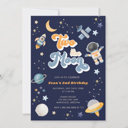 Retro Two the Moon Space Birthday   Invitation