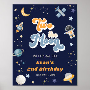 Retro Two the Moon Space Birthday Welcome Poster