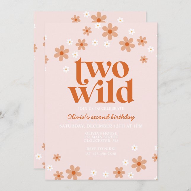 Retro two wild daisy boho second birthday invitation (Front/Back)
