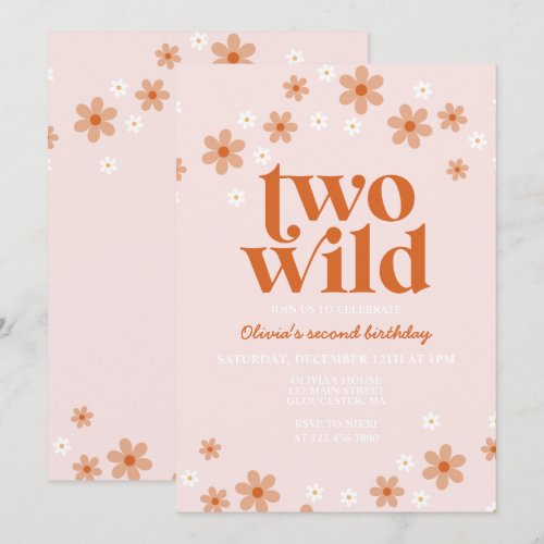 Retro two wild daisy boho second birthday invitation