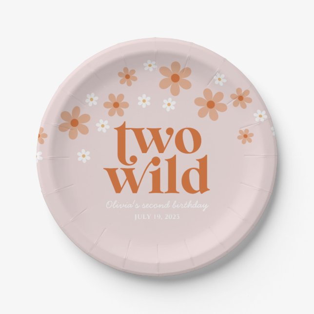 Retro Two Wild daisy boho Second birthday Paper Plates (Front)