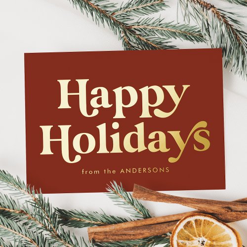 Retro Type Happy Holidays Non_Photo Brown and Gold Foil Holiday Card