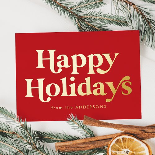 Retro Type Happy Holidays Non_Photo Red and Gold Foil Holiday Card