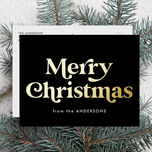 Retro Type Merry Christmas Black and Gold Foil Holiday Postcard