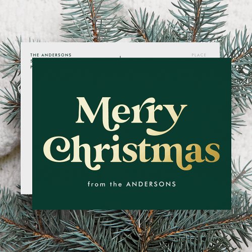 Retro Type Merry Christmas Green and Gold Foil Holiday Postcard