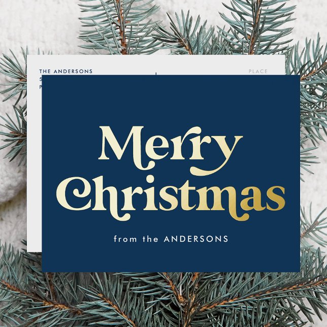 Retro Type Merry Christmas Navy and Gold Foil Holiday Postcard (Creator Uploaded)