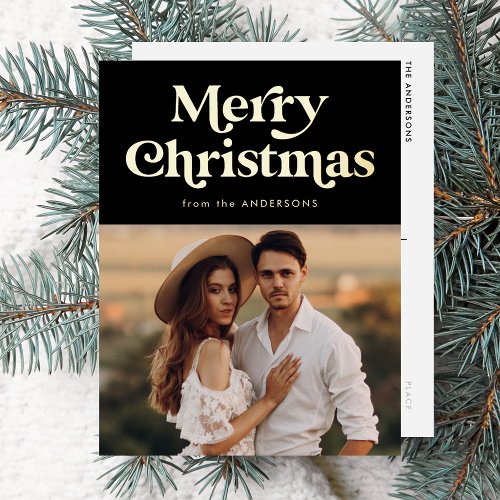 Retro Type Merry Christmas Photo Black and Gold Foil Holiday Postcard