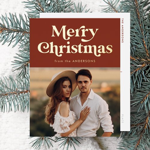 Retro Type Merry Christmas Photo Brown and Gold Foil Holiday Postcard