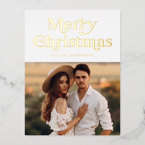 Retro Type Merry Christmas Photo Gold Foil Holiday Postcard