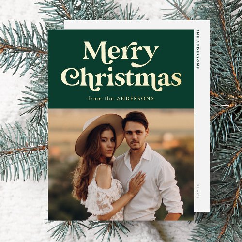 Retro Type Merry Christmas Photo Green and Gold Foil Holiday Postcard