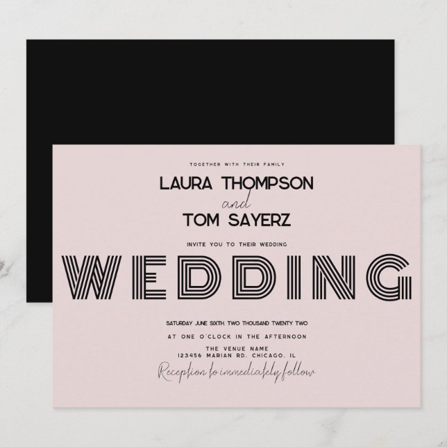 Retro Type Simple Block Wedding Rose Black Invitation (Front/Back)