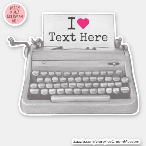 Retro Typewriter Hot Pink Heart Valentines Day Sticker