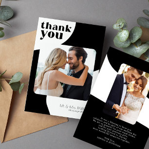 Retro typography 2 photo black and white wedding thank you card