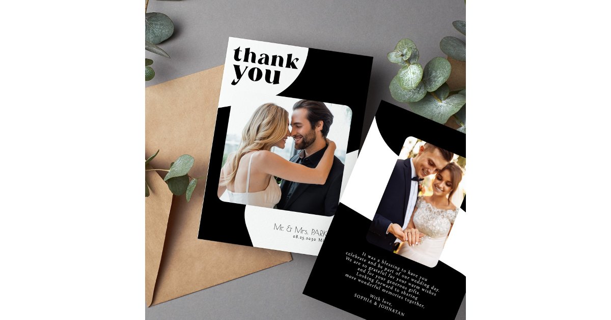 Retro typography 2 photo black and white wedding thank you card | Zazzle