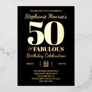 Retro Typography 50 & Fabulous Black and Gold Foil Invitation