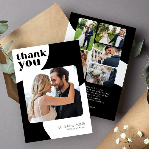 Retro typography 6 photo collage modern wedding thank you card