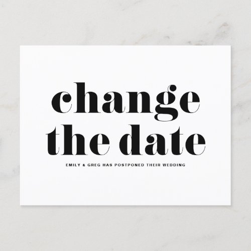Retro Typography Black Change the Date Wedding Announcement Postcard