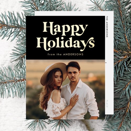 Retro Typography Black Happy Holidays Photo Foil Holiday Postcard