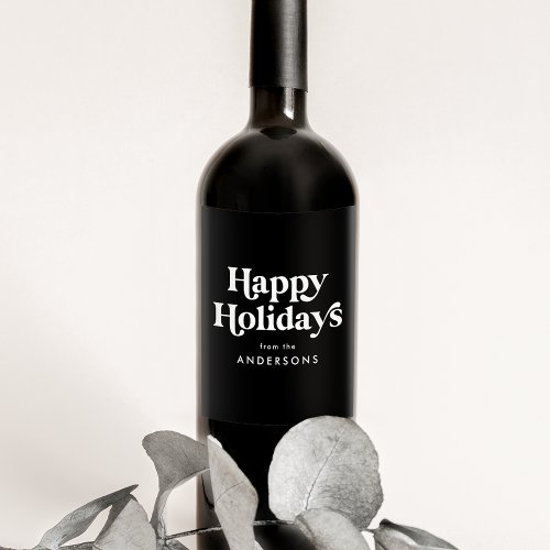 Retro Typography Black Happy Holidays Wine Label