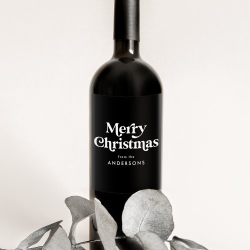 Retro Typography Black Merry Christmas Wine Label