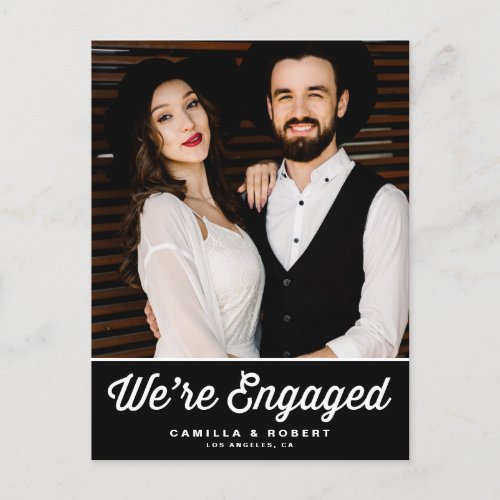 Retro Typography Black Photo Engagement Announcement Postcard