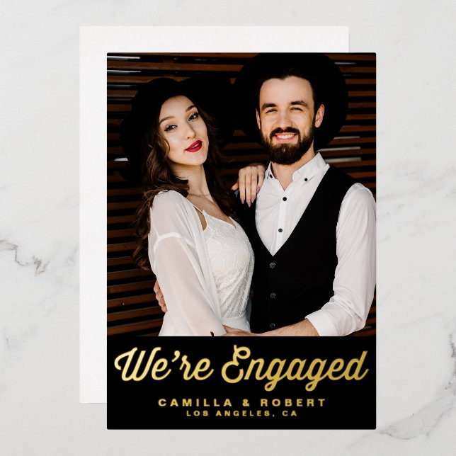 Retro Typography Black Photo Engagement Gold Foil Invitation (Front/Back)