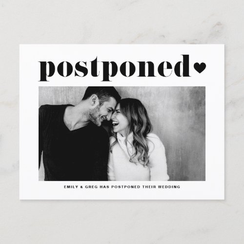 Retro Typography Black Photo Wedding Postponement Announcement Postcard