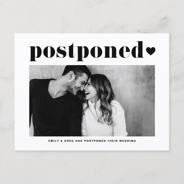 Retro Typography Black Photo Wedding Postponement Announcement Postcard (Front)