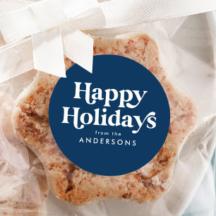 Retro Typography Blue Happy Holidays Classic Round Sticker