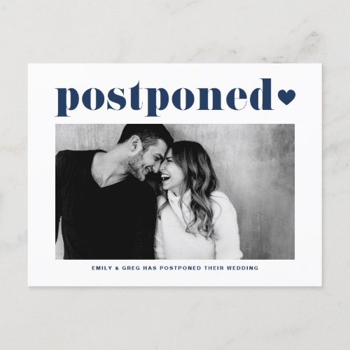 Retro Typography Blue Photo Wedding Postponement Announcement Postcard